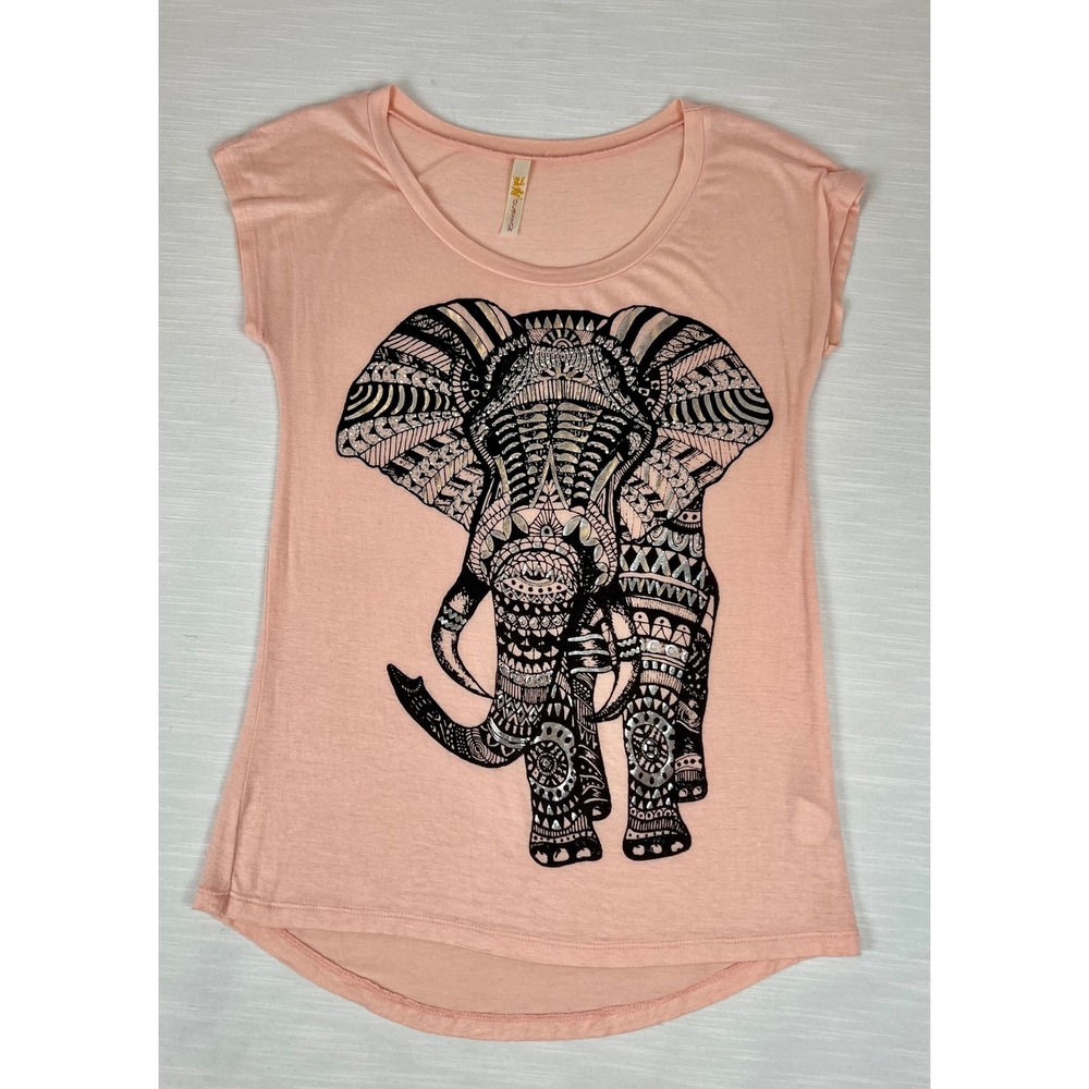 Ocasion Pink Elephant Graphic Rhinestone Top Womens Medium Short Sleeve RSP2554